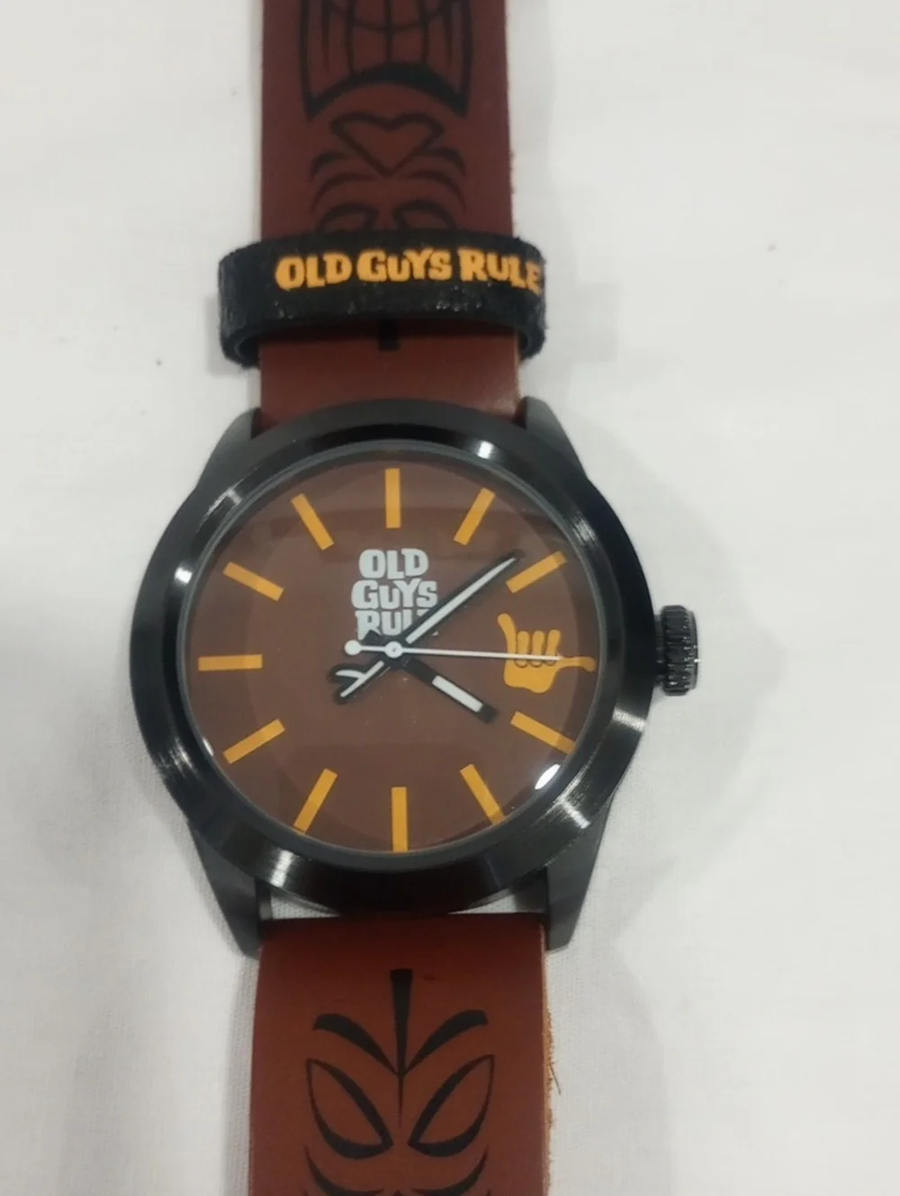 Old Guys Rule Tiki Man Watch.Brown Leather Strap Timeless Pieces (New)